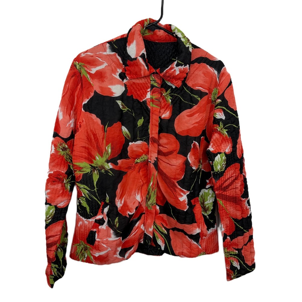 UbU Reversible Jacket Womens Medium Black Floral Crinkle Travel Red Full Zip Art